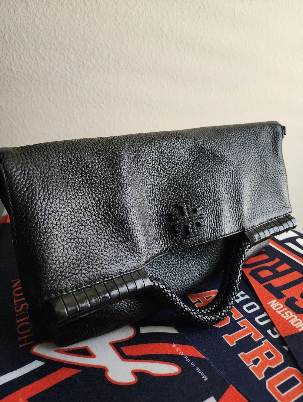Black Leather Fold-Over Womens Bag with Matching Wallet Tory Burch